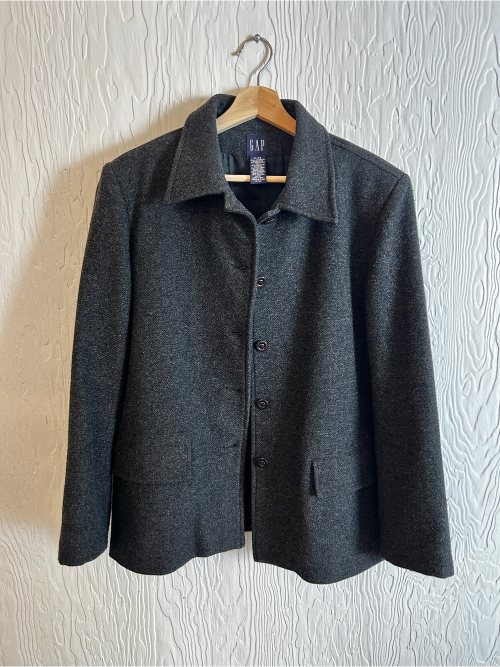 GAP Vintage Y2k 2000s Wool Coat Charcoal Grey XL Neutral Minimal Pea Coat Fall